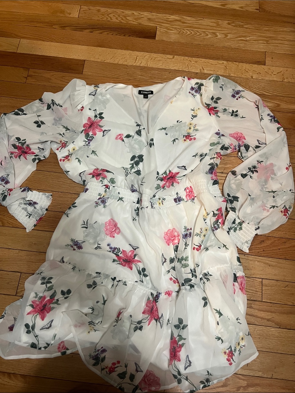 Express White Mini Dress with Pink & Green Floral Print